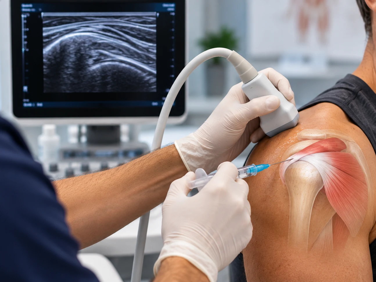 Infiltrazione ecoguidata con rappresentazione anatomica della spalla