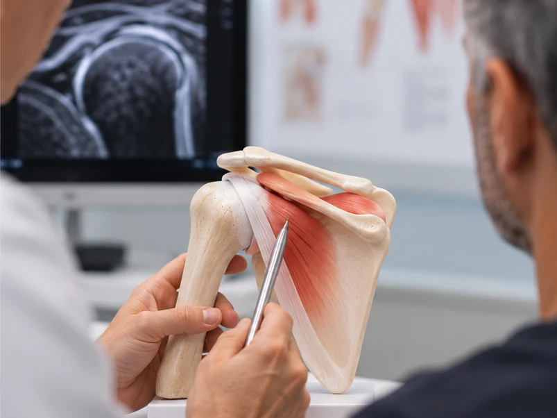 Specialista che spiega la patologia al paziente con un modello anatomico della spalla